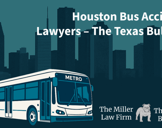 Featured image showing a Houston METRO bus and skyline with the text ‘Bus Accident Lawyers Houston’ for The Miller Law Firm – The Texas Bulldog.