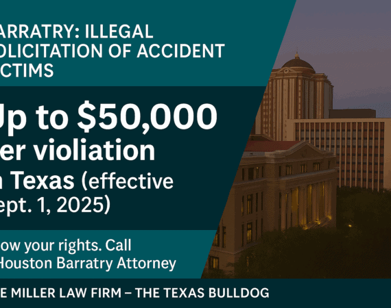 Houston courthouse with overlay text showing barratry penalty up to $50,000 per violation in Texas effective September 1, 2025.