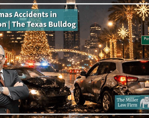 Car accident in Houston at night during the Christmas holiday season with festive lights in the background