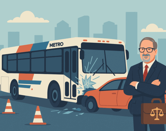 Illustrated scene of a Houston METRO bus accident with a damaged sedan and a lawyer resembling Adam Miller standing confidently beside the crash, used for a Houston Metro bus accident lawyer page.