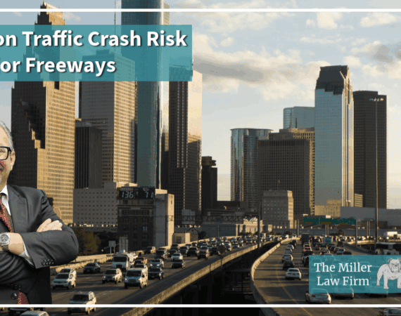 Heavy traffic on a major Houston freeway during rush hour, showing congestion on a high-risk roadway