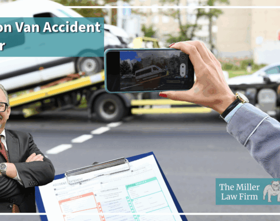 Houston van accident lawyer Adam Miller standing in front of a delivery van crash scene being documented after an accident.