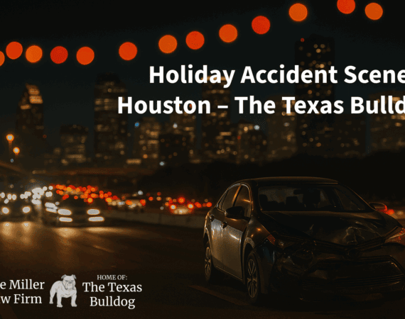 Nighttime Houston highway accident scene with a damaged car in the foreground and blurred holiday lights and city skyline in the background.