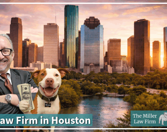 Adam H. Miller of The Miller Law Firm with his dog McLovin', Houston personal injury law firm skyline background