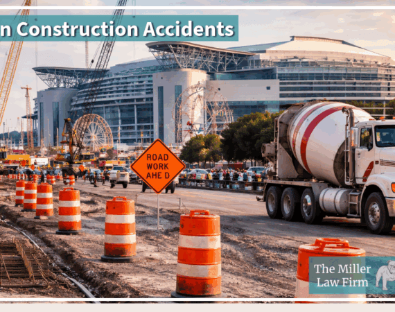 Houston construction zone near NRG Stadium with roadwork barrels, heavy trucks, and traffic during Rodeo season