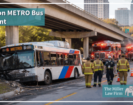 Houston METRO bus stopped below an overpass after a serious crash near Highway 288
