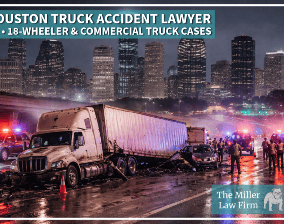 18-wheeler truck crash scene on Houston freeway at night with emergency response vehicles representing serious commercial truck accident injury cases