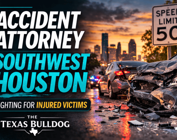 Car crash scene with speed limit 50 sign representing accident attorney Southwest Houston services