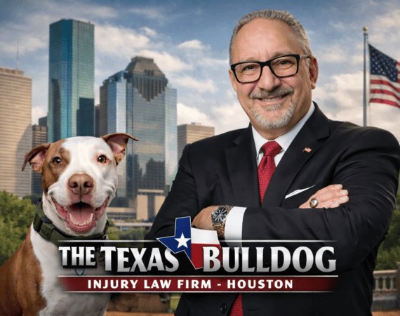Adam Miller of The Texas Bulldog injury law firm in Houston standing with McLovin in front of the Houston skyline.