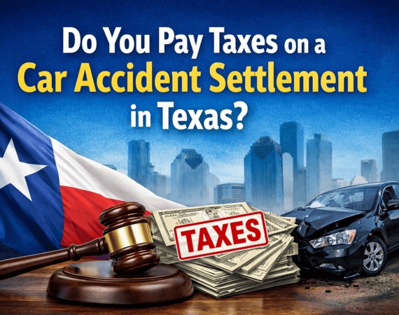Do you pay taxes on a car accident settlement in Texas infographic with gavel money and damaged car