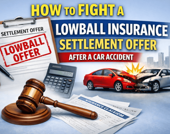 Lowball insurance settlement offer after a car accident illustration showing crash, settlement documents, and insurance claim review