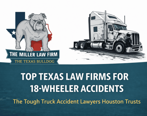 Texas truck accident lawyer graphic featuring The Texas Bulldog logo, Texas state outline, and damaged 18-wheeler representing top law firms for truck accidents