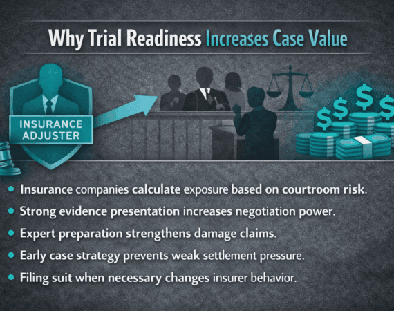 Infographic explaining how trial readiness increases settlement value in Houston injury cases by increasing insurance company risk and negotiation leverage.