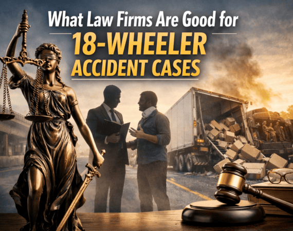 18-wheeler accident scene with lawyer and cargo spill Houston truck accident law firm