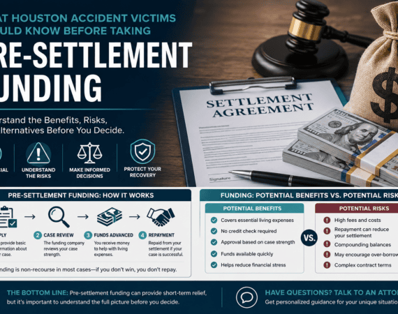 Houston pre-settlement funding infographic with lawsuit settlement paperwork, cash, and legal information for injury victims