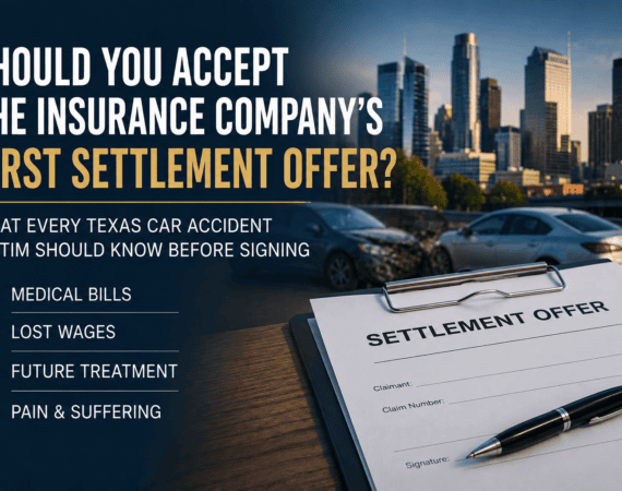 Settlement offer document after a Texas car accident illustrating factors to consider before accepting an insurance company's first settlement offer.