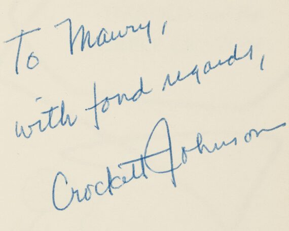 "To Maury, with fond regards, Crockett Johnson" — Crockett Johnson's inscription to Maurice Sendak, on the first edition of Harold and the Purple Crayon
