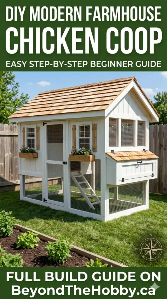 A modern farmhouse chicken coop on a lawn near a garden