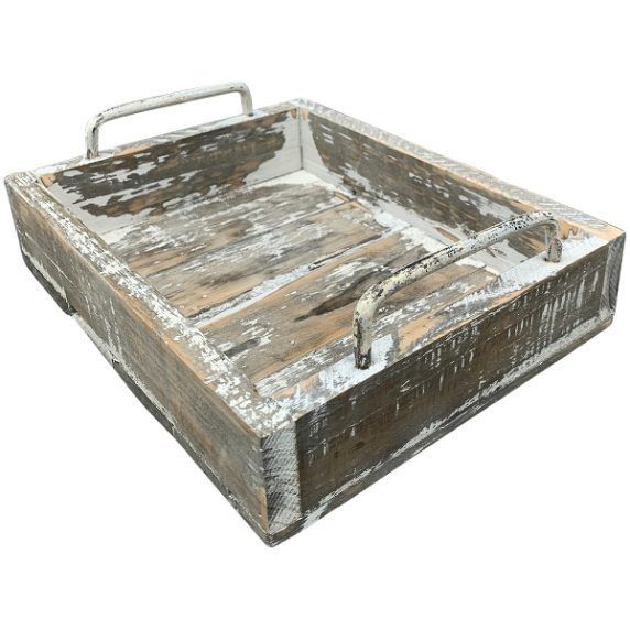 Tablett Bloom aus Holz und Metall weiß gewischt