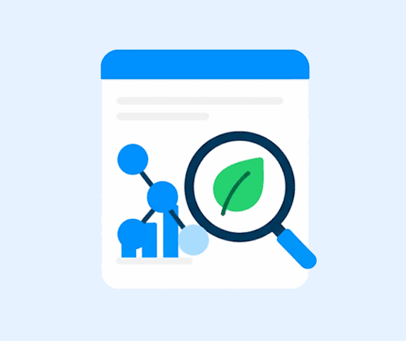 Data analysis with magnifying glass and leaf icon for sustainability insights.