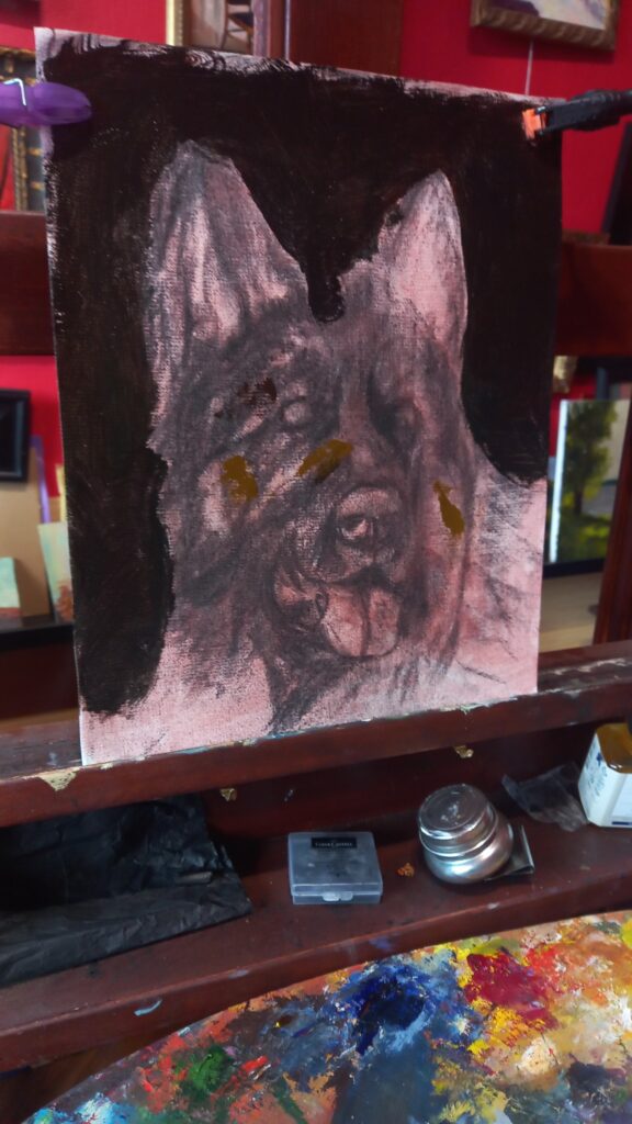 First oil paint layers on a custom German Shepherd portrait from photo