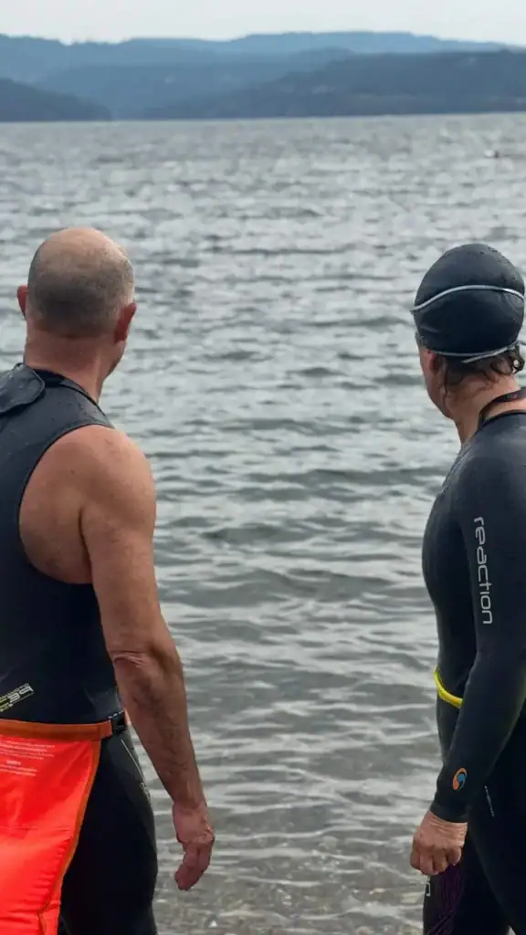 Triathlon Coach Victor Vizcaino with client, prepping for a triathlon