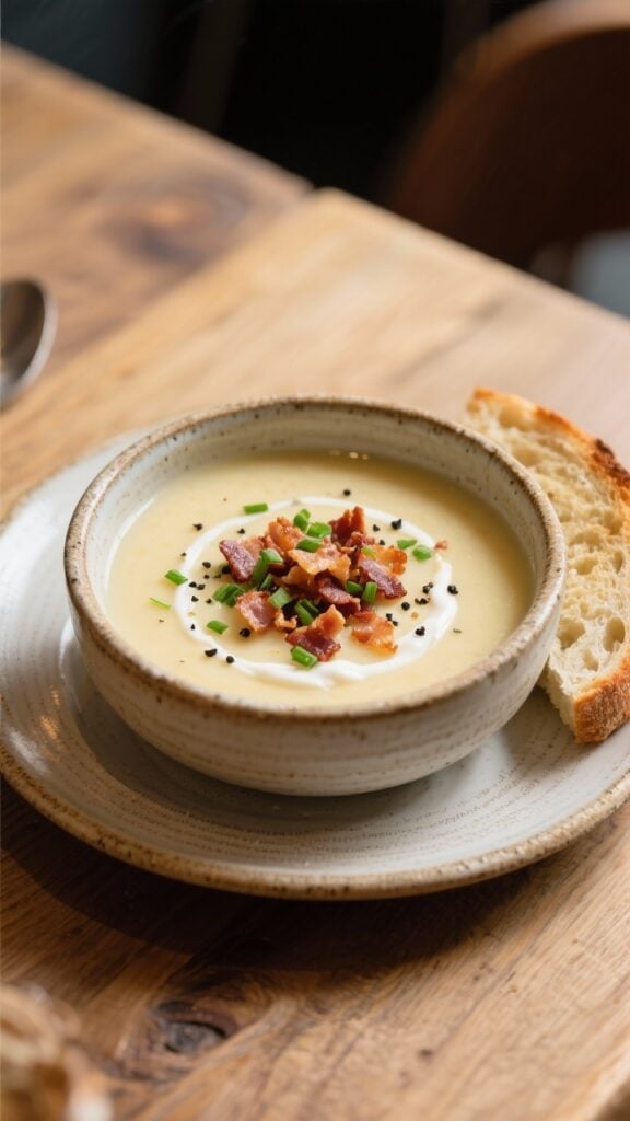 creamy potato soup with cream cheese served in a bowl with some rustic bread