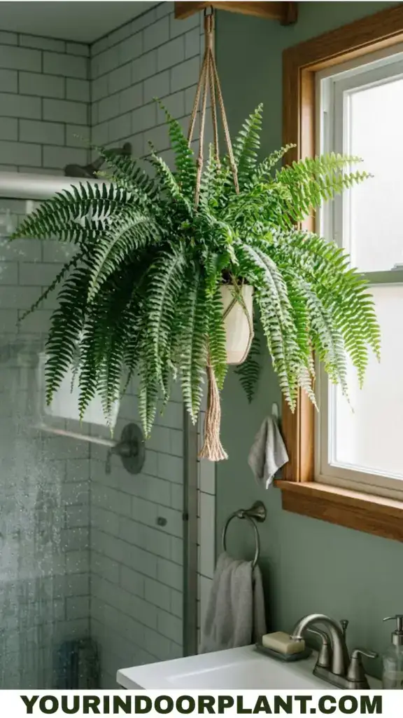 Boston fern growing near a bathroom window in humid conditions