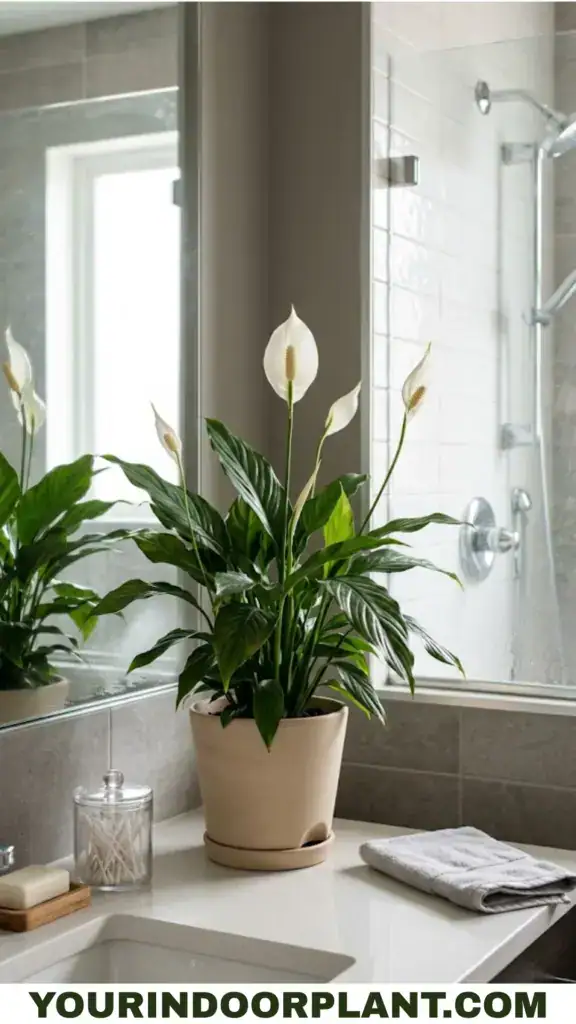 Peace lily growing in a bright bathroom with indirect light