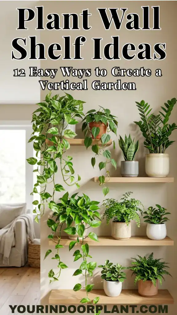 Plant wall shelf ideas with staggered wooden shelves and cascading indoor plants
