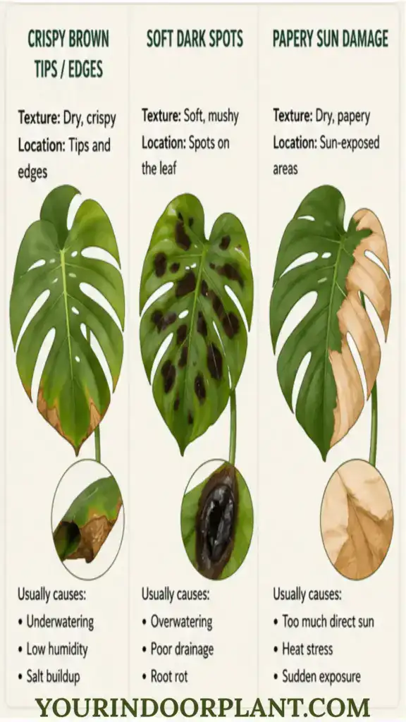 Monstera leaf showing crispy brown edges, soft dark spots, and papery brown sun damage