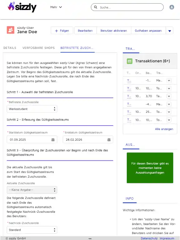 screenshot of sizzly backoffice app showing settings for grants & subsidies
