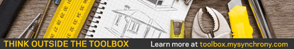 A tape measure, pencil, pliers, and a blueprint are arranged on a desk with the text, “THINK OUTSIDE THE TOOL BOX” and a website link at the bottom.