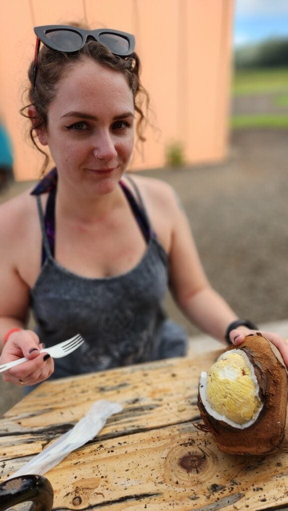 Phoenyx sitting at a rustic wooden table, holding a sprouted coconut with a fork in hand at a local produce stand in North Shore, Oahu. The coconut is cracked open, revealing its soft, spongy interior, and Phoenyx looks ready to try it for the first time.