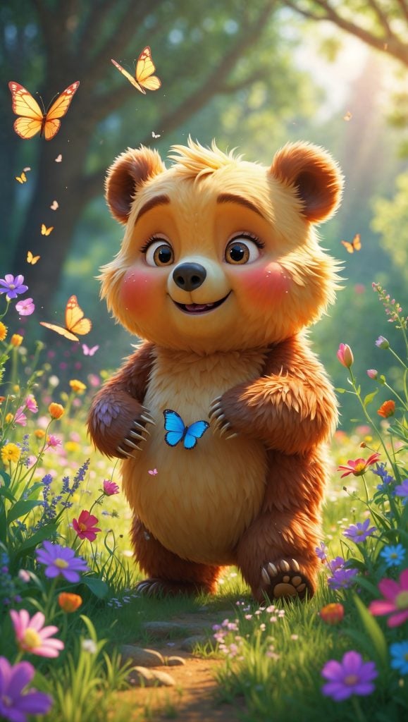 Illustration of J Bear, a joyful character nestled in Giggle Grove, radiating love and laughter