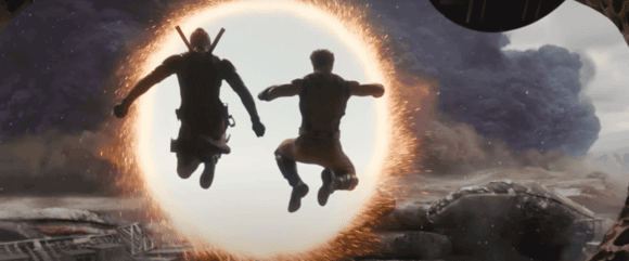 Deadpool and Wolverine jumping through a portal