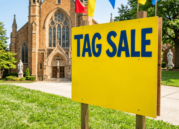 Colorful sign advertising a multi-family tag sale with details and people shopping in the background