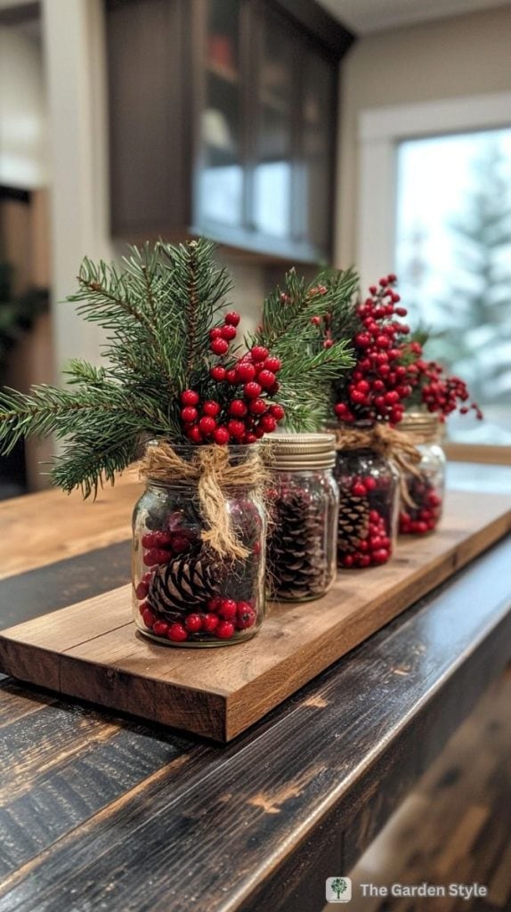 Rustic holiday Christmas table centerpiece with mason jars - cranberries and pine cones on a wooden base.