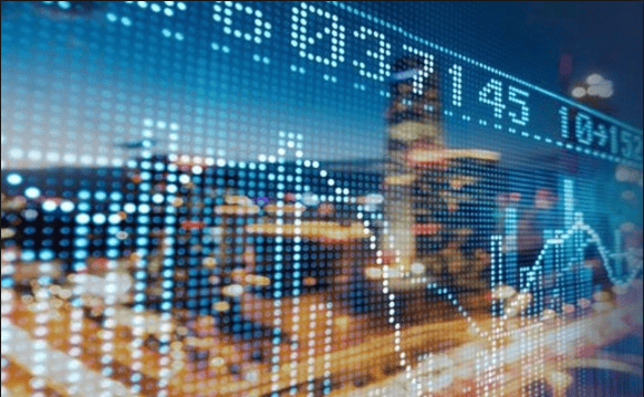 Digital financial data and stock market analysis with city skyline background.