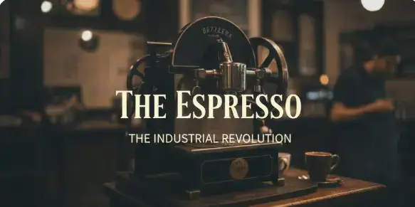 Vintage 1901 Bezzera espresso machine in a dark, moody Italian bar, featuring the title "The Espresso: The Industrial Revolution" in Antique Cream serif typography.