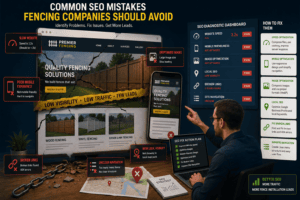 Fencing company website showing SEO problems such as slow loading speed, poor mobile design, and weak local visibility