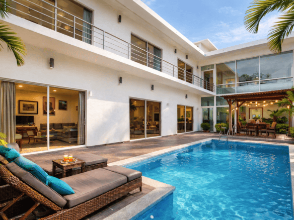 Exterior of a modern two-story villa with a private pool, lounge chairs, and a covered outdoor dining area surrounded by tropical palms