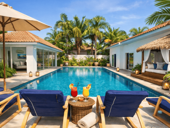 Outdoor villa pool area with lounge chairs, tropical cocktails, a thatched cabana, and palm trees under a blue sky