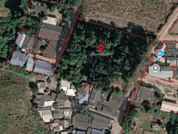 Aerial satellite map view of residential properties with red boundary lines and location markers