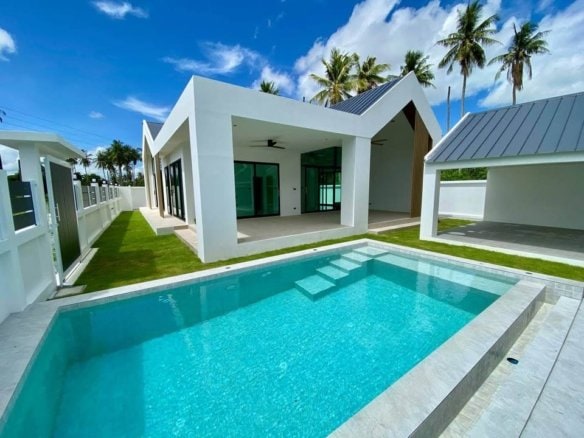 Modern white house with swimming pool and tropical palm trees