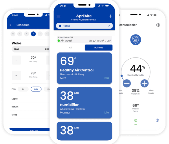 A image showcasing the AprilAire mobile in-app design and interface with features such as Healthy Air Control and Dehumidifier settings displayed on two smartphones. The app provides users with options for managing indoor air quality settings remotely, emphasizing convenience and enhanced air health in homes.