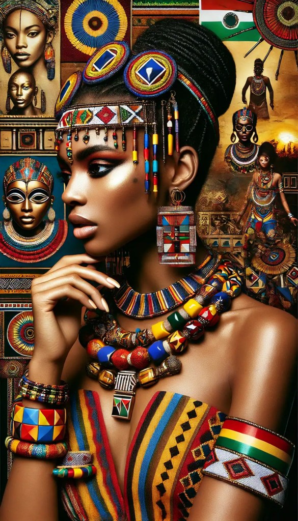 Barevná africká móda a tradiční šperky, žena v etnickém oblečení, bohatá sbírka korálových náhrdelníků a náušnic, umělecké fotografie afrických kultur a umění, beaded jewelry, cultural fashion.
