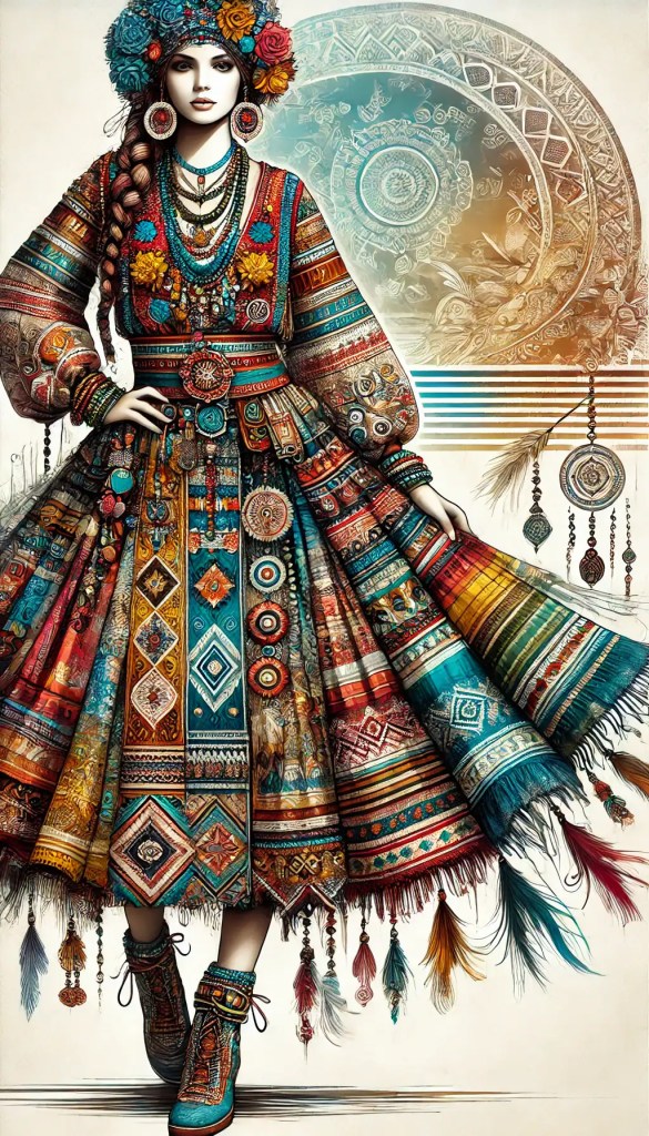Barevná etno šaty zdobené rozličnými korálky a perličkami, inspirované tradičními folklórními prvky, ideální pro kreativní šperky a doplňky od Bead Culture.