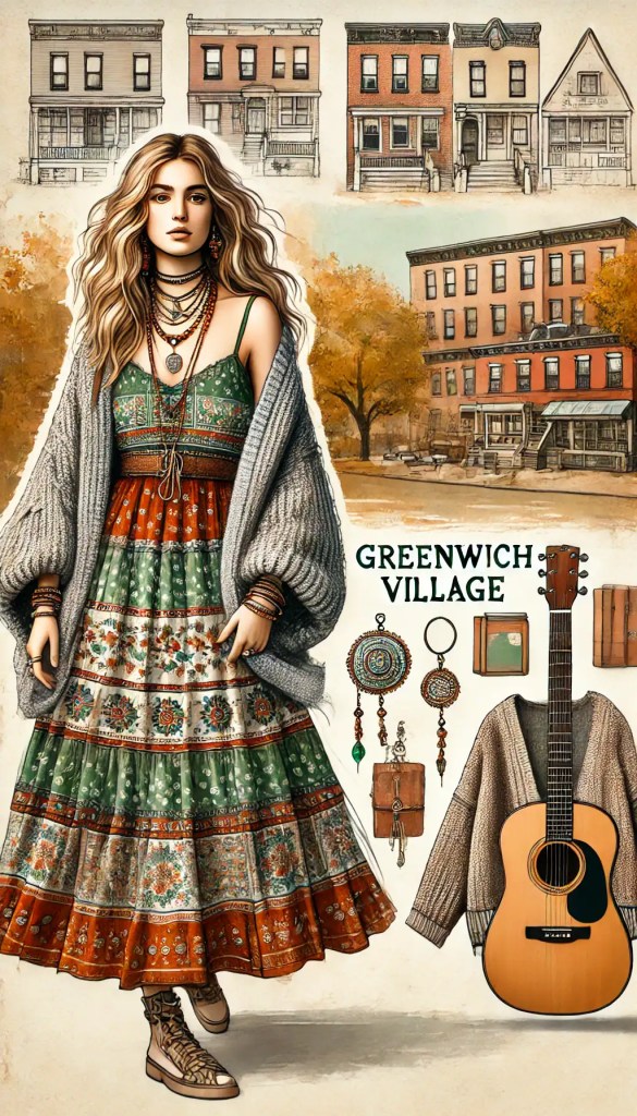 Barevná fotografie dívky v bohémském stylu s dlouhým, krajkovým, šaty a doplňky v podzimním prostředí Greenwich Village, obsahující hudební nástroje a street art.