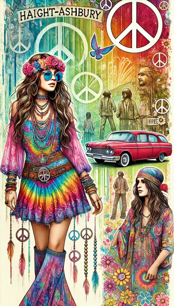 Různobarevné šperky, boho styl, hippie móda, květinové vzory, symbole míru, barebná mlha, umělecké znázornění, hudba a volnost, kreativní doplňky, veselá vůně svobody, bohémský styl, umělecky zobrazené, módní inspirace, jarní a letní móda, motivy peace a lásky.